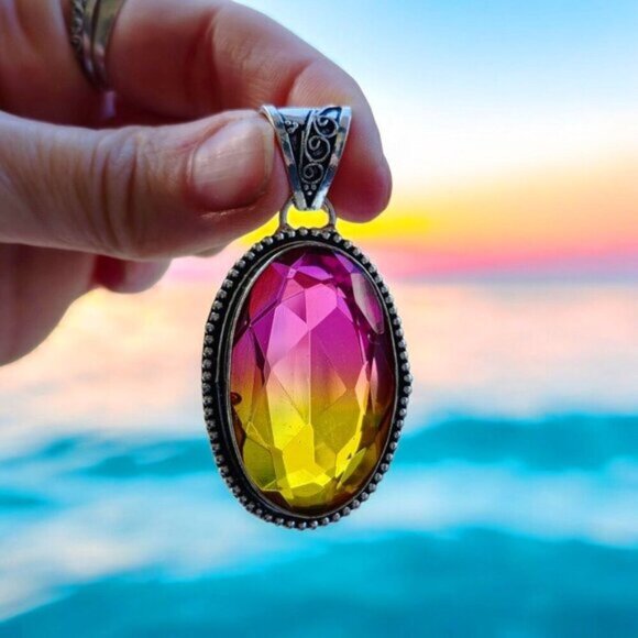 Hand Crafted Jewelry - Bi-Color Tourmaline ✦ Sterling Silver Pendant ✦ Victorian Oval Pink & Yellow NWT